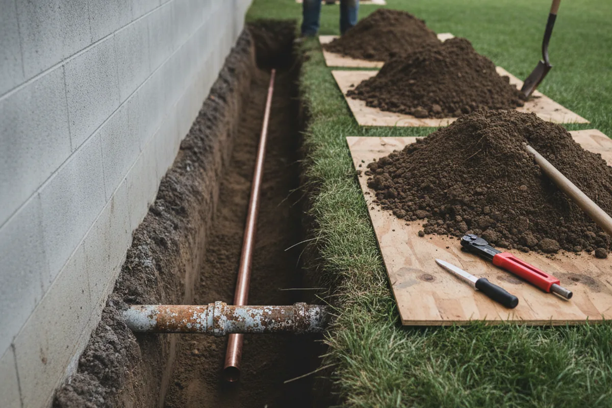 Excavated water line trench during Water Softener Installation in Nazareth